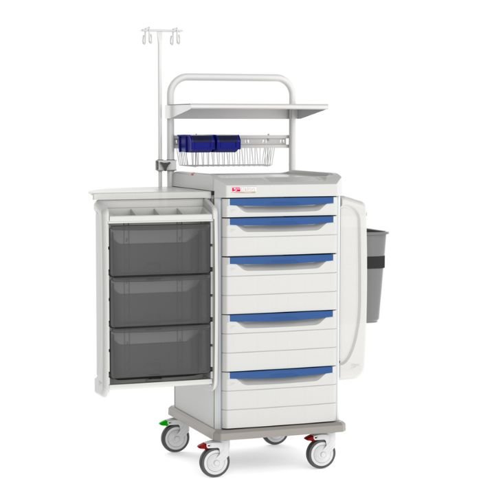 El carro hospitalario para Terapia intensiva está diseñado para esta etapa de atención médica especializada constante. Fabricado en aluminio con cuerpo de polímero avanzado.