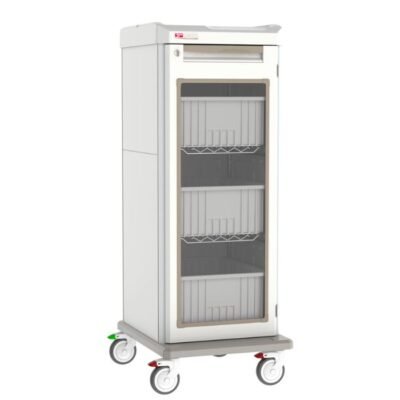 Carro para transporte de soluciones IV diseñado para el almacenamiento seguro y traslado eficiente de soluciones intravenosas y suministros médicos en hospitales y farmacias.