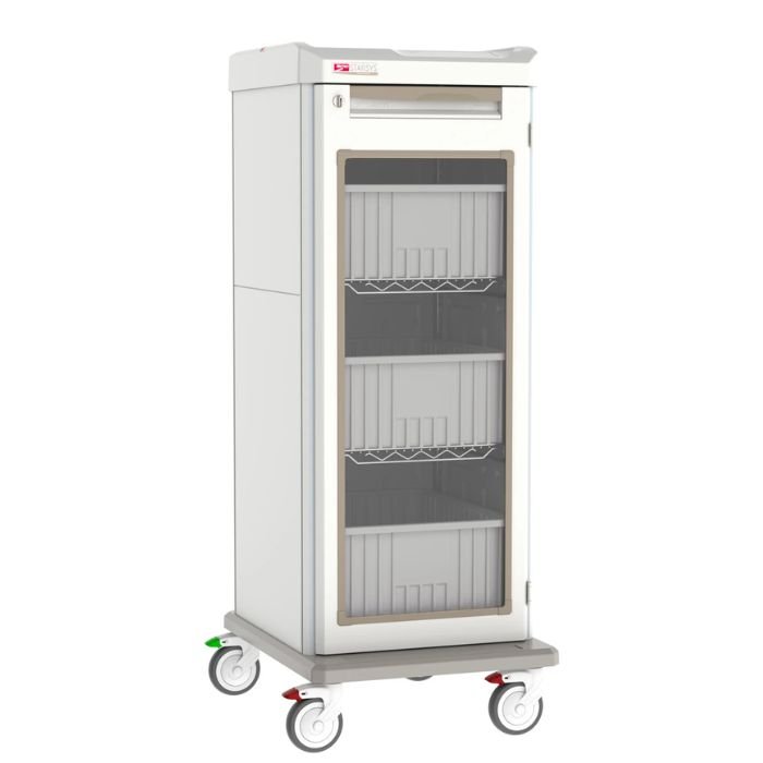 Carro para transporte de soluciones IV diseñado para el almacenamiento seguro y traslado eficiente de soluciones intravenosas y suministros médicos en hospitales y farmacias.