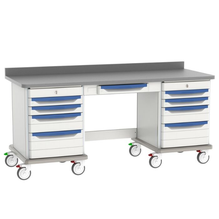 Estación de trabajo con almacenamiento diseñada para centralizar la organización y almacenamiento de insumos en áreas de atención médica, laboratorio o servicios auxiliares.