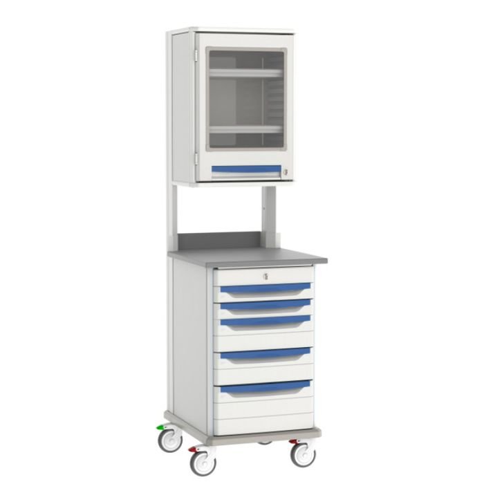 Estación de trabajo móvil de polímero diseñada para centralizar la organización y almacenamiento de insumos en áreas de atención médica, laboratorio o servicios auxiliares.