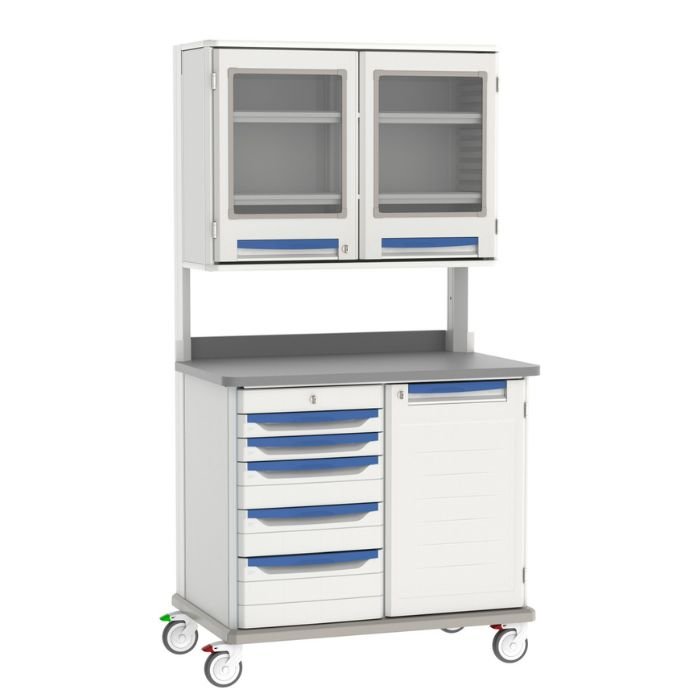 Estación de trabajo móvil hospitalaria diseñada para centralizar la organización y almacenamiento de insumos en áreas de atención médica, laboratorio o servicios auxiliares.