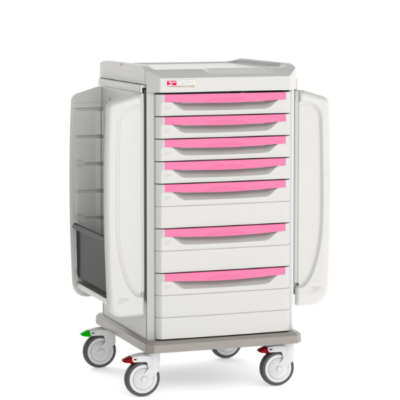 Carro médico de cabecera diseñado para proporcionar almacenamiento estructurado, acceso inmediato y seguridad de suministros junto a la cama del paciente.