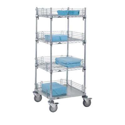 Carro quirúrgico de acero inoxidable diseñado para el transporte y organización de instrumental y suministros en entornos hospitalarios.