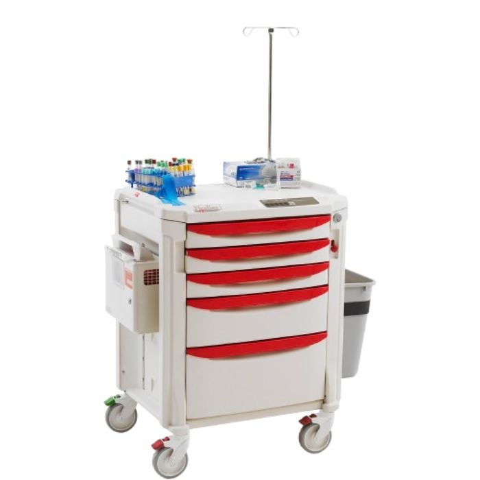 Carro clínico especializado para procedimientos de flebotomía y extracción de muestras, diseñado para ofrecer organización técnica de insumos, acceso inmediato a equipo clínico y movilidad controlada.