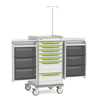 Carrito para terapia intravenosa diseñado para optimizar la organización, movilidad y resguardo de insumos destinados a la administración y manejo de fluidos intravenosos.