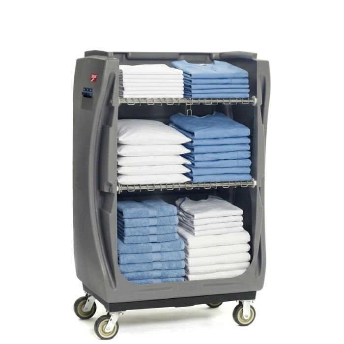 Carro de transporte de blancos diseñado para la recolección, almacenamiento y traslado eficiente de textiles o materiales voluminosos en entornos sanitarios, hoteleros y comerciales.