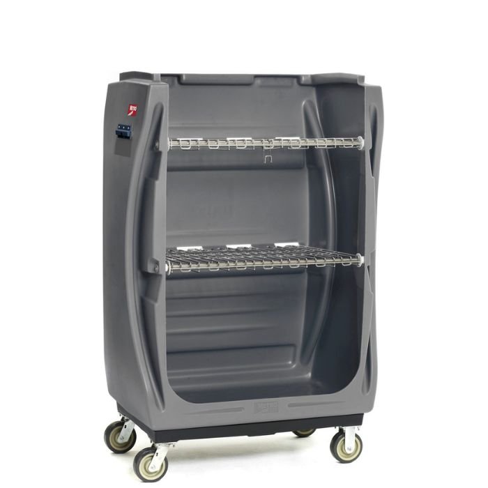 Carro de transporte de blancos diseñado para la recolección, almacenamiento y traslado eficiente de textiles o materiales voluminosos en entornos sanitarios, hoteleros y comerciales.
