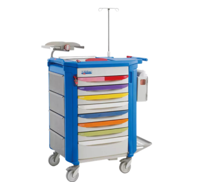 Carro rojo pediátrico Lifeline, ofrece organización de suministros y acceso rápido a equipo crítico.