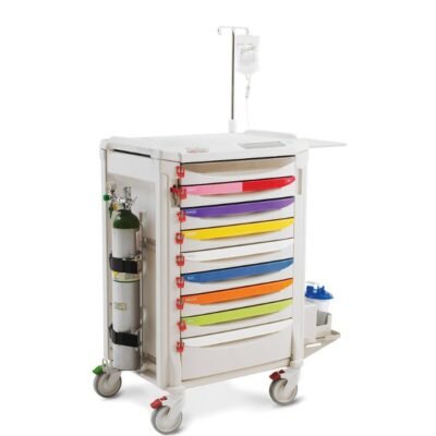 Carro de emergencia pediátrico diseñado específicamente para entornos que requieren organización precisa, acceso inmediato y movilidad controlada de suministros críticos