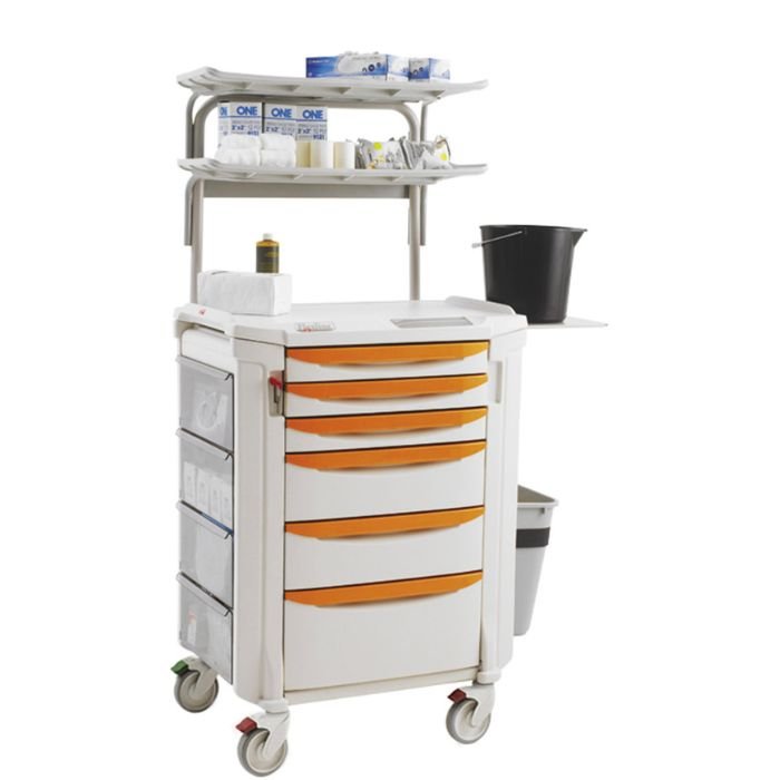 Carro clínico especializado diseñado para el almacenamiento, transporte y acceso organizado a suministros utilizados en procedimientos de yeso, inmovilización y ortopedia.
