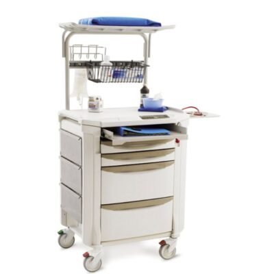Carro clínico diseñado para optimizar la organización, el acceso y la movilidad de suministros y equipos en procedimientos médicos y quirúrgicos.