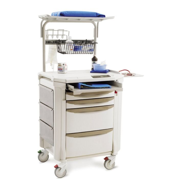 Carro clínico diseñado para optimizar la organización, el acceso y la movilidad de suministros y equipos en procedimientos médicos y quirúrgicos.