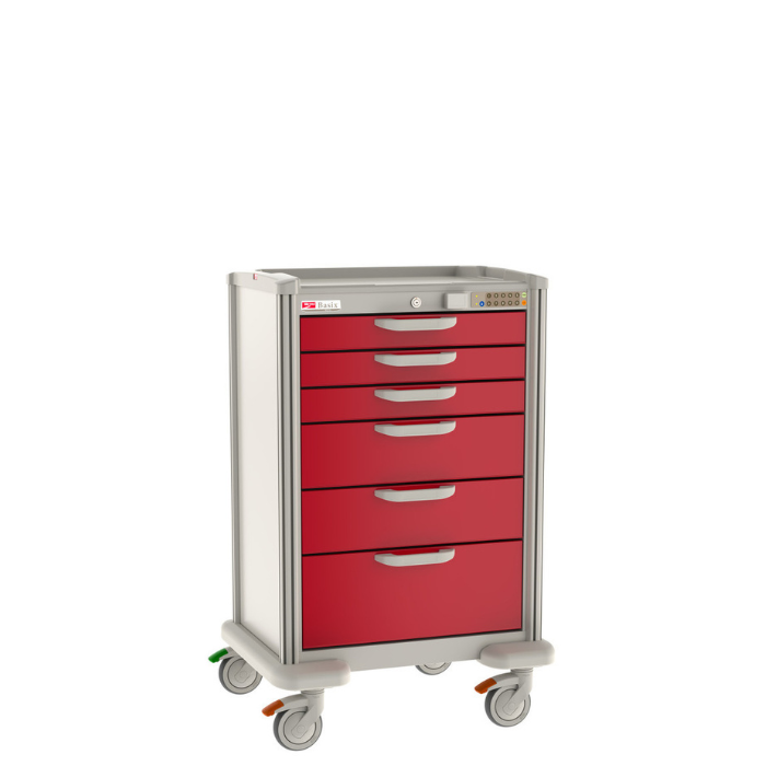 El carro de suministros generales Basix Plus es versátil y duradero, diseñado para organizar, almacenar y transportar de manera eficiente insumos médicos en entornos clínicos, hospitalarios y de atención sanitaria.