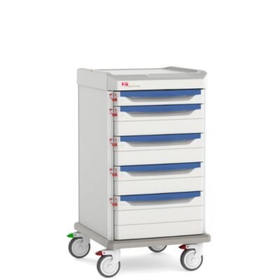 Carro de suministros clínico diseñado para ofrecer organización eficiente, protección de materiales y movilidad controlada en entornos hospitalarios y de atención médica.