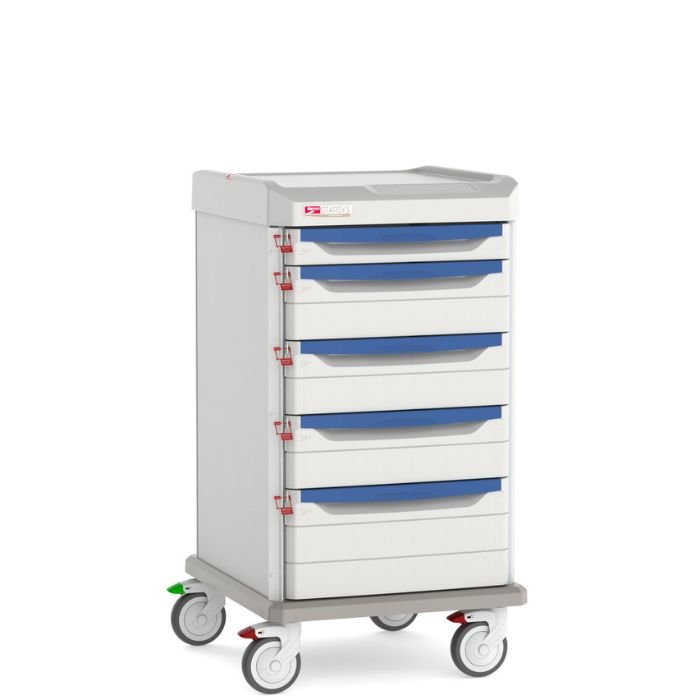 Carro de suministros clínico diseñado para ofrecer organización eficiente, protección de materiales y movilidad controlada en entornos hospitalarios y de atención médica.