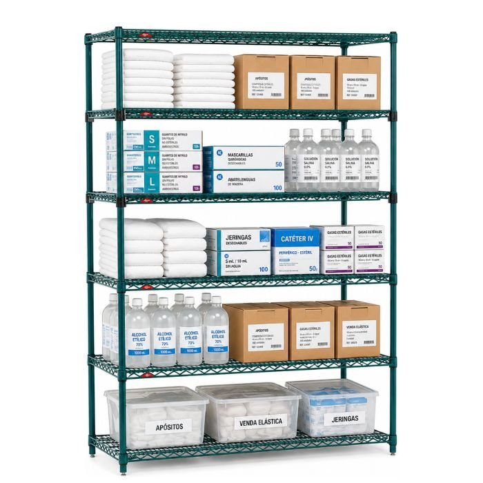 Estantería de acero Super Erecta® diseñada para almacenamiento industrial en entornos hospitalarios, alimentarios y logísticos, ofreciendo una solución robusta y versátil.